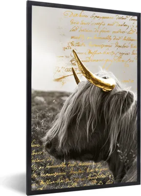 Produktbild von MuchoWow® MuchoWow® Gerahmtes Poster Schottisches Hochlandrind - Gold - Text 40x60 cm - Poster mit zchwarzem Bilderrahmen - Papierdruck - Wandbilder