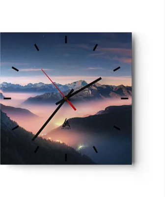 Produktbild von Wanduhr - Quadrat - Glasuhr - Berge Wolken Nebel - 40x40cm - Schleichendes Uhrwerk - Lautlos - zum Aufhängen bereit - Dekoration Modern - Wanddekoration aus Glas - C3AC40x40-5004
