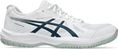 A side view of a white Asics sports shoe with navy blue accents.