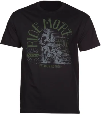 A black t-shirt with a graphic design featuring a motorcycle rider and text.