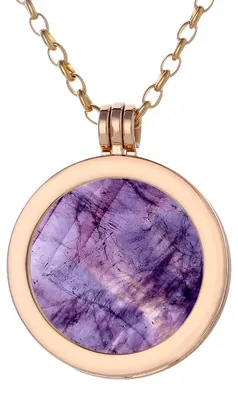 Image de Collier pour femme Morella, doré, 70 cm, en acier inoxydable, avec pendentif en forme de pièce d'améthyste de 33 mm représentant un chakra, livré dans une pochette à bijoux
