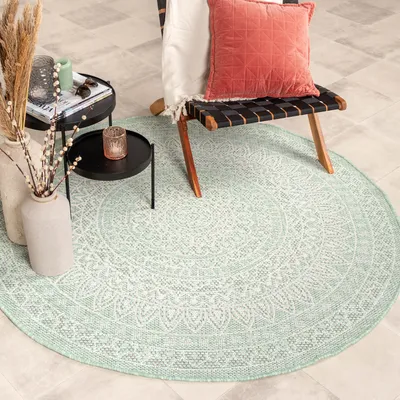 Produktbild von In- & Outdoor Teppich Rund - Summer Azteca Mint - Ø 100cm - Boho, Ländlich, Modern - Balkon, Garten / Terrasse -  FRAAI | Home & Living