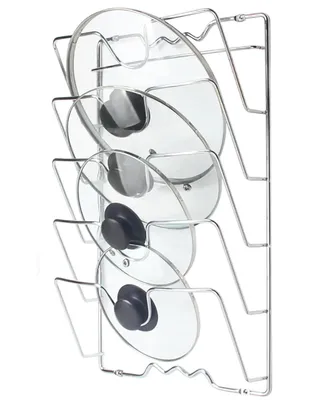 A chrome-plated pot lid organizer with four tiers, holding several glass pot lids with black handles.