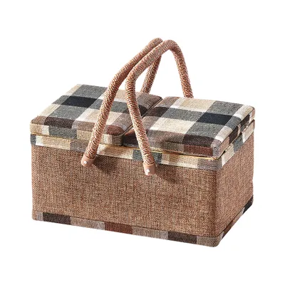 Produktbild von Kobolo Nähkästchen Nähkorb Nähkörbchen Nähkasten - beige kariert - Stoff - 29x19x16cm - Nähgarn Stricken Aufbewahrung Ordnung Strickkorb Sewing basket