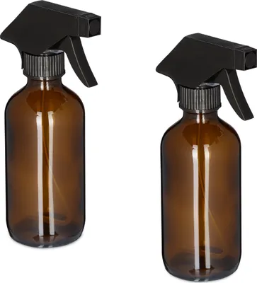 Zdjęcie produktu dla Relaxdays – szklana butelka z rozpylaczem, zestaw 2 szt., 230 ml, tryb mgiełki i strumienia, butelka z rozpylaczem do pielęgnacji włosów, czyszczenia i podlewania roślin, brązowa