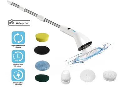 A white electric cleaning brush with a telescopic handle and multiple attachments, displayed against a white background with feature icons.