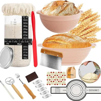 Produktbild von Sauerteig Backset 10-teilig, Gärkorb Set mit Silikon, Holzgriff & Leinen, Komplettset für Brot Backen, Geschenkidee für Hobbybäcker