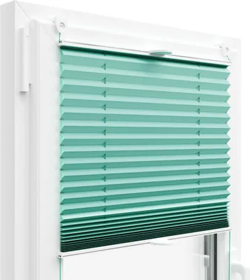 A close-up view of a turquoise pleated blind installed in a white window frame.