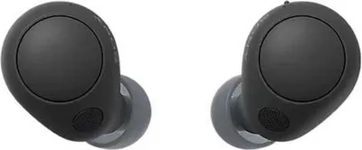 A pair of black wireless earbuds is shown against a white background.
