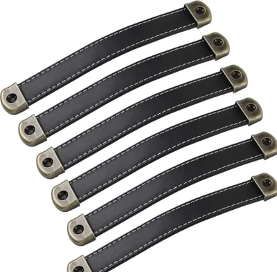 Produktbild von 6er Set Ledergriffe Vintage Leder Möbelgriffe - Schrankgriffe Ledergriffe Küchenmöbelgriff Schwarz Achsabstand 160mm Schwarz Lochabstand 160mm