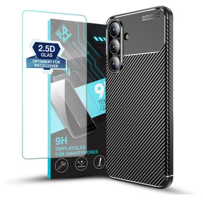 Produktbild von Handy Hülle für Samsung Galaxy S25 FE mit 9H Displayglas Displayschutz Carbon Look Cover Case Schutzhülle Farbe: Schwarz