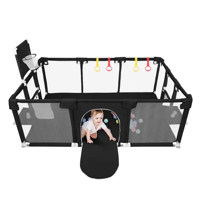 Produktbild von Baby Laufstall 180x120x66cm mit Basketball-Netz atmungsaktivem Babys laufgitter mit Sicherheitstür 50 Ozeanball Schwarz