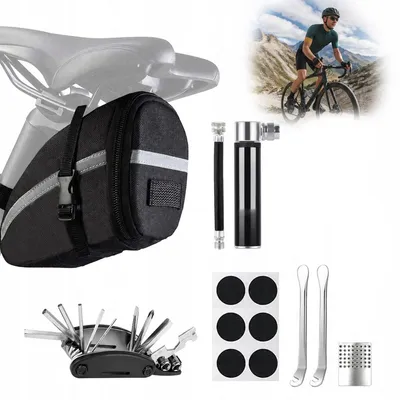 Produktbild von Fahrrad Reparaturset mit Mini Luftpumpe 120 PSI, 16 in 1 Fahrrad Multitool, Flickzeug, Reifenheber, Fahrrad Werkzeugset für MTB Rennrad E-Bike
