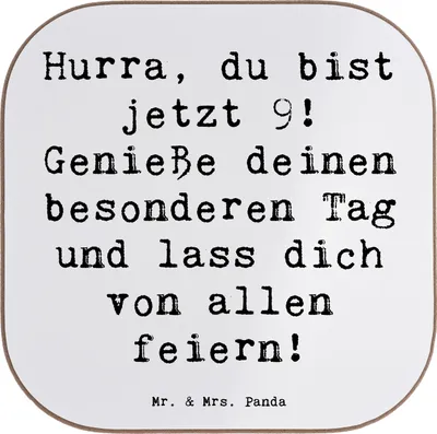 Produktbild von Mr. & Mrs. Panda Untersetzer für Gläser Spruch 9. Geburtstag Freude - Weiß - Geschenk, Geburtstagsgeschenk, Alter, gläseruntersetzer, Geburtstagdeko, Getränkeuntersetzer