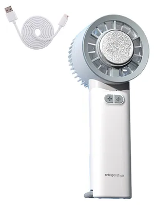 A white and gray portable fan with a USB charging cable.