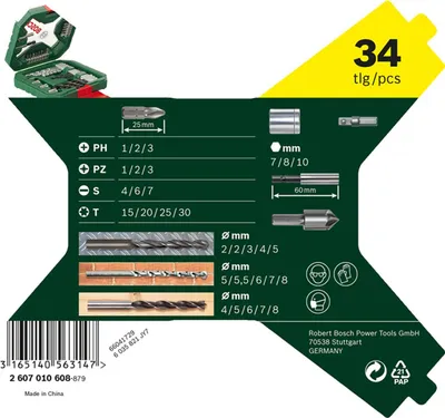 The image shows the packaging of a Bosch bit set, with various tools and their specifications displayed.