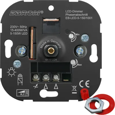 Produktbild von EBROM® Unterputz LED Dimmer Drehdimmer, Phasenabschnitt, LED 5-150 Watt, dimmbare Halogen etc. 15-400 W/VA, passt zu Busch Jäger, Gira, Jung, Berker, Mindest- und Höchsthelligkeit