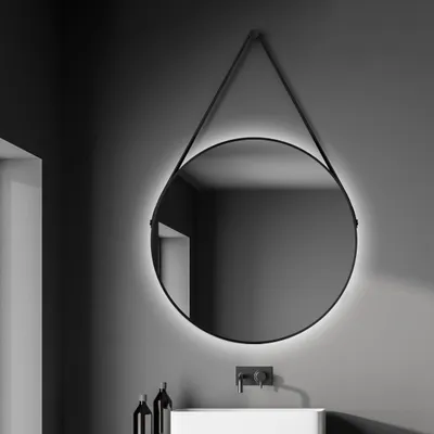 Image de Miroir mural rond Talos Black Light Matt Ø 80 cm - miroir de bain avec éclairage indirect - sangle de suspension en aspect cuir - miroir éclairé avec lumière blanche neutre - cadre en aluminium noir mat de haute qualité - miroir de bain