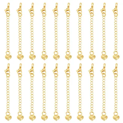 Image de Chaînes d'extension pour colliers - 20 pièces avec pendentif en forme de cœur et fermoir à ressort - Accessoires de bijouterie - Longueur : 65 mm - Plaqué or