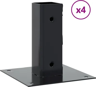 A black metal post base with a square opening and a flat square base with mounting holes, shown against a white background. A purple circle with 'x4' is in the upper right corner.