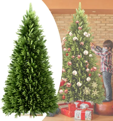 Obrázek produktu pro UISEBRT 210cm umělý vánoční stromek Vánoční stromek z PE a PVC větví s dřevěným stojanem, pro vánoční dekorace, zdobení vánočního stromku