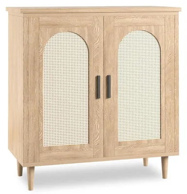 Image de Buffet en rotin, avec 2 portes, offrant 2 niveaux de rangement réglables. Structure en MDF imitation bois, finition bois