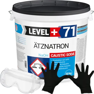Produktbild von Rohrreiniger Ätznatron Entfetter Perlen Caustic Soda 20kg Eimer Seifenindustrie + Schutzbrille + Nitrillhandschuhe Arbeitsschutz Set RM71