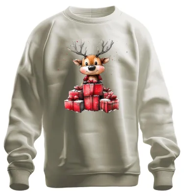 Immagine prodotto di Felpa unisex per bambini con motivo natalizio: renna con regali, stile acquerello, colore naturale, taglia L