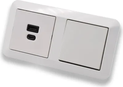 Produktbild von EBROM USB-C und USB-A Unterputz Steckdose/Lader 45+15 Watt Leistung – Schnellladefunktion für Wearables, Smartphones Tablets + Merten Wippschalter MEG3116-0000 in System M polarweiß glänzend