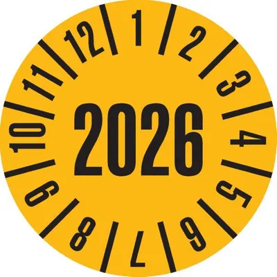 Produktbild von Dreifke® Prüfplakette 2026, gelb, Dokumentenfolie, selbstklebend, Ø 35mm, 500...