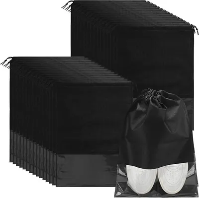 Produktbild von PolkaHome® 30 Stück Schuhbeutel Schwarz 44 x 32 cm, Staubschutz, Vliesstoff mit Kordelzug, Tragbare Aufbewahrungstasche für Reisen