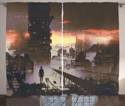 Produktbild von ABAKUHAUS Fantasie Rustikaler Gardine, Sciencefiction-leerer Stadt-Roboter, Schlafzimmer Kräuselband Vorhang mit Schlaufen und Haken, 280 x 260 cm, Dunkle Taupe Lachs