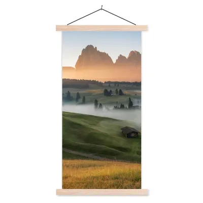 Produktbild von MuchoWow® Textilposter Berg - Nebel - Landschaft 60x120 cm mit holzfarbenen Rahmen - Holz