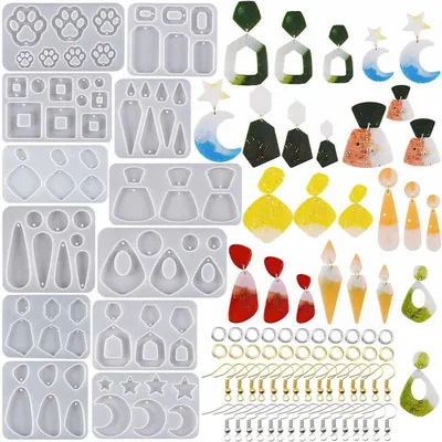 Produktbild von 12 Stück Resin Gießharz Formen für Ohrringe und Schmuck, Epoxidharz, Silikon, inkl. Ohrhaken und Biegeringe