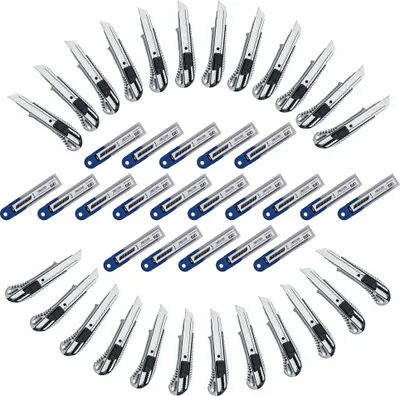 Produktbild von 24 Stück Abbrechmesser Cuttermesser Aludruckguss 18 mm mit Metallführung + 200 Stück extra scharfe Klingen