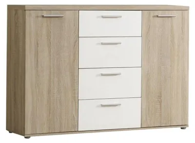Sideboard Winnie mit vier weißen Schubladen in der Mitte und zwei Sonoma-Eiche-Türen, Gesamtansicht.