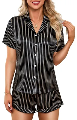 Imagen del producto de Conjunto de pijama de satén para mujer LUSLOVE – Pijama de dos piezas con cuello en V y botones
