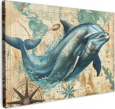 Produktbild von MuchoWow® - Leinwandbilder - Vintage - Delfin - Tiere - Aquarell - Blau, Wandbild, Wanddeko Bilder Wohnzimmer, 90x60 cm