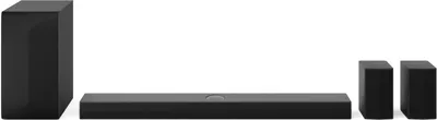 A black soundbar system with a subwoofer and two satellite speakers, arranged on a white background.