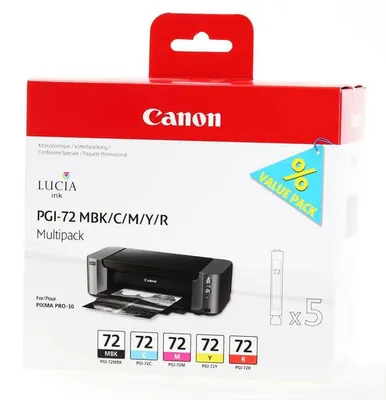 Produktbild von Canon PGI-72 MBK/C/M/Y/R Multipack mit 5 Tinten, Standardertrag, Cyan, Magenta, Mattschwarz, Rot, Gelb, 5 Stück(e), 1640 Seiten, 710 Seiten, Multipack