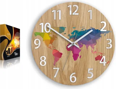 Produktbild von ModernClock, Eichenholzuhr, Wanduhr aus Holz, 33cm, stille Wanduhr, Weltkarte