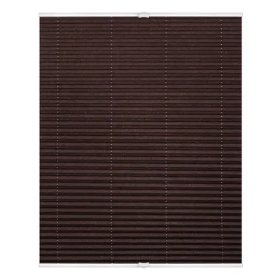 A close-up, front-facing view of a brown pleated blind.
