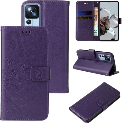 Produktbild von Handyhülle für Xiaomi 12T / 12T Pro Floral Blumen Schmetterling Flip Cover Hülle Case Klapphülle Handytasche Farbe: Violett