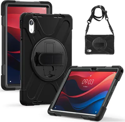 A collage of images showing a black tablet case with a stand and a detachable strap, along with a tablet inside a case.