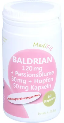 Produktbild von MediFit Baldrian 120 mg Kapseln mit Passionsblume und Hopfen, 60 St. Kapseln