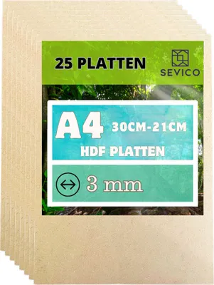 Produktbild von 25 x A4 HDF Platten | 300 x 210 x 3 mm | Dünne Holz-platten | Perfekt für Laser, CNC Router, Modellierung, Durchbrochenes, Laubsäge | A004-020
