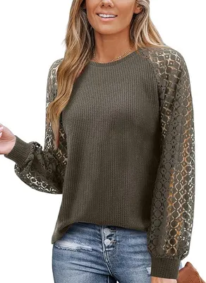 Zdjęcie produktu dla Damski sweter z koronką, długi rękaw, elegancka bluzka, zielony, rozmiar M