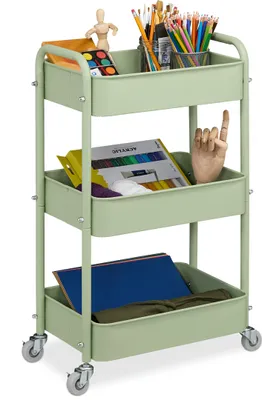 Image de Chariot Relaxdays, 3 étages, chariot de service, chariot de cuisine, de salle de bain et de bureau, étagère à roulettes, 71,5 x 43,5 x 29,5 cm, chariot de bricolage, vert