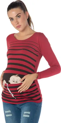Productafbeelding van Zwangerschapsshirt lange mouw ontsnappende baby – zwangerschapskleding dames, 95% katoen, rood, maat S