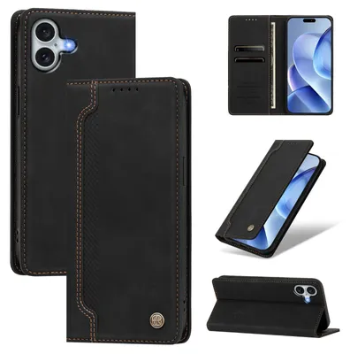 Produktbild von Handyhülle für iPhone 16 Plus, Leder Wallet Klapphülle mit Standfunktion, Stoßfeste Schutzhülle Schwarz